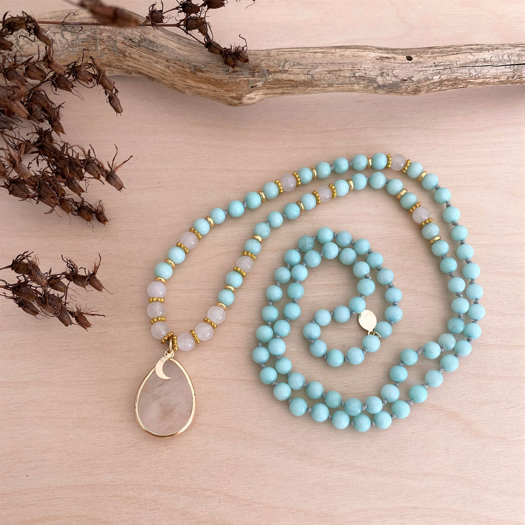 SUMMER SKY Mala | Amazonit &, Bergkristall und Selenit